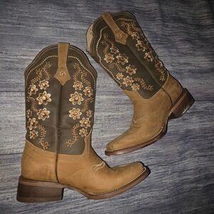Rouswest Brown Leather Floral Embroidered Square Toe Western Cowgirl Boots MX23
